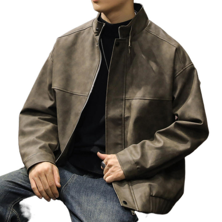 Men's Boxy Leather-Look Blouson with concealed zipper placket, stand collar, and elastic waistband Mune Fashion