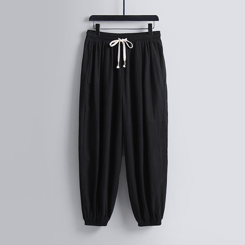 Women's wide cotton-linen casual pants with drawstring and elastic ankle cuffs Mune Fashion