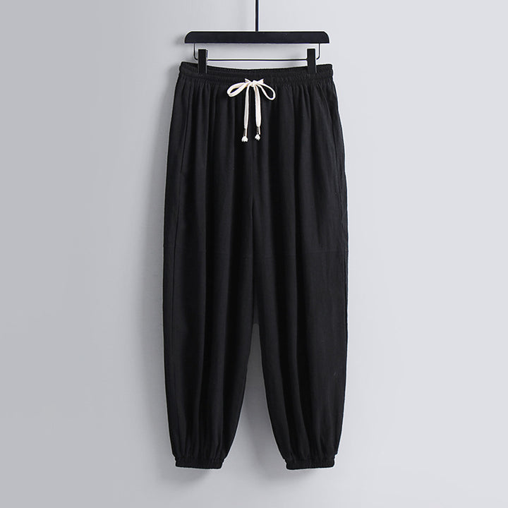 Women's wide cotton-linen casual pants with drawstring and elastic ankle cuffs Mune Fashion