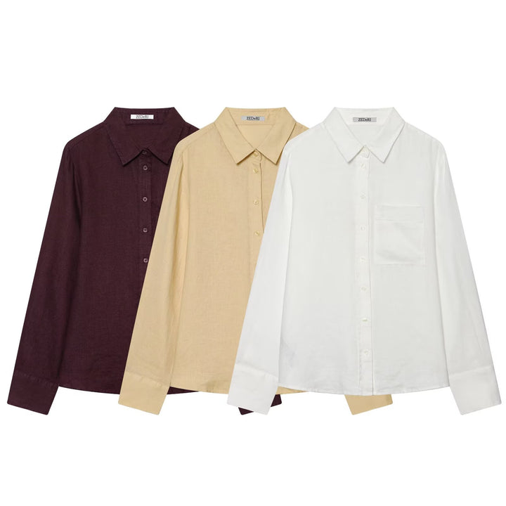 Women Oversized Shirt Blouse in Linen Look with Chest Pocket and Cuffs Mune Fashion