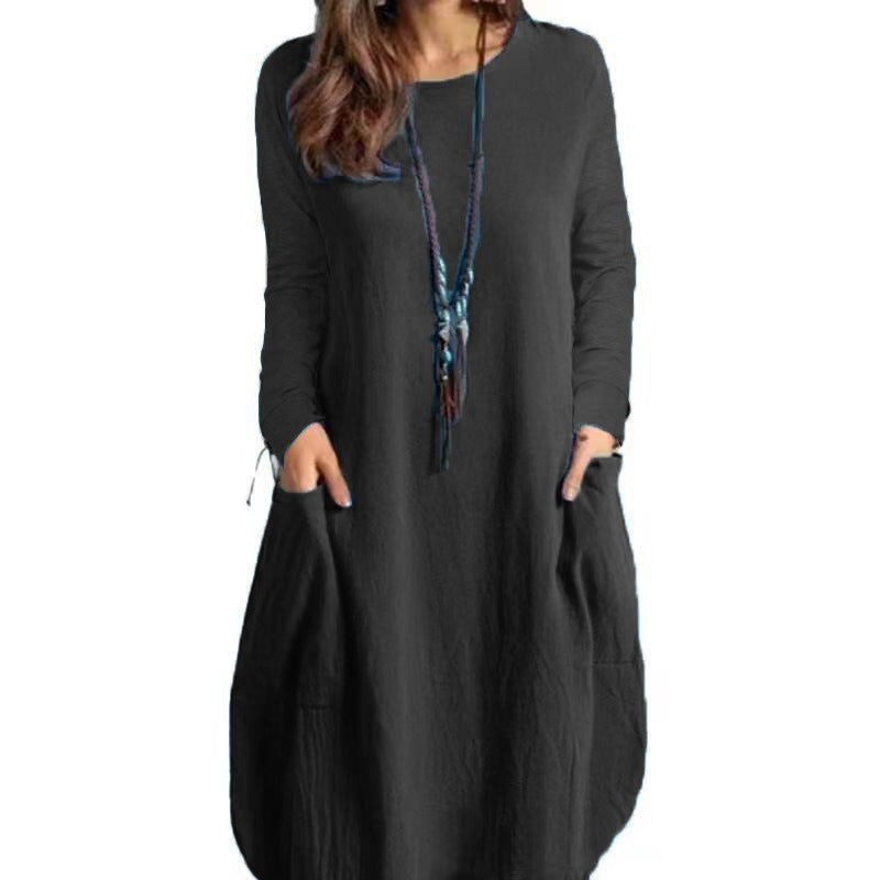Women's Long A-Line Linen Look Dress with Pockets and Round Neckline Drune