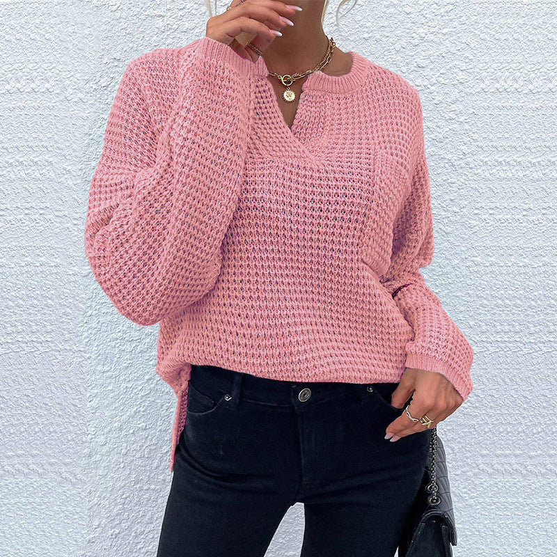 Women's Waffle Knit Sweater with V-Slit, Oversized Cut and Balloon Sleeves Mune Fashion