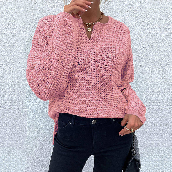 Women's Waffle Knit Sweater with V-Slit, Oversized Cut and Balloon Sleeves Mune Fashion