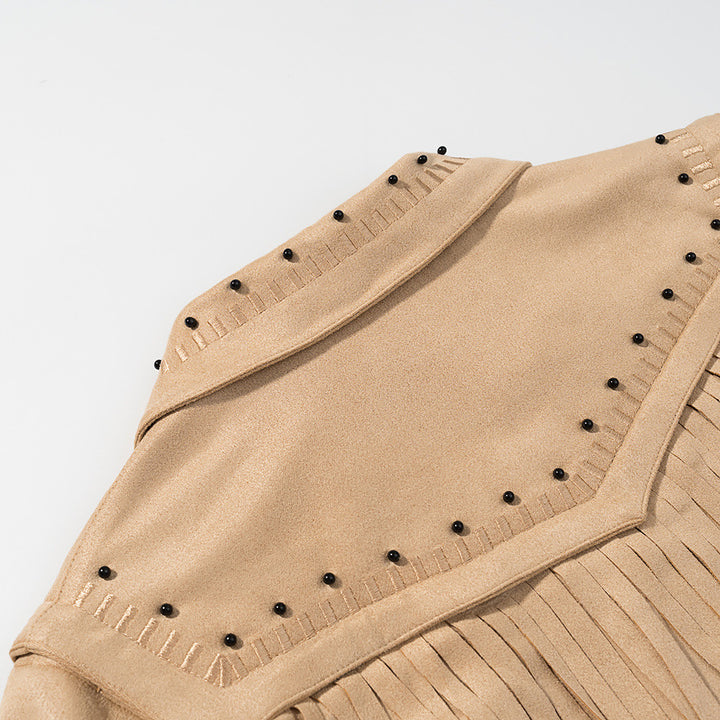 Women's Short Fringe Suede Jacket in Western Style with Studded Accents and Front Zipper Mune Fashion