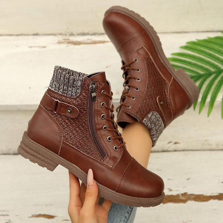Women's ankle-high lace-up ankle boots with knitted shaft, side zipper, and molded rubber sole Mune Fashion