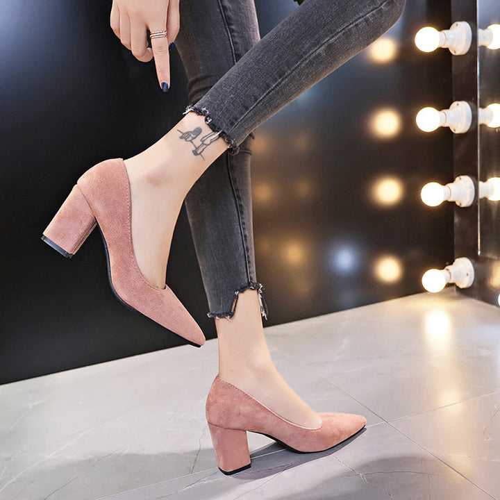Women's Velvety Pointed Pumps with Mid-Height Geometric Block Heel Mune Fashion