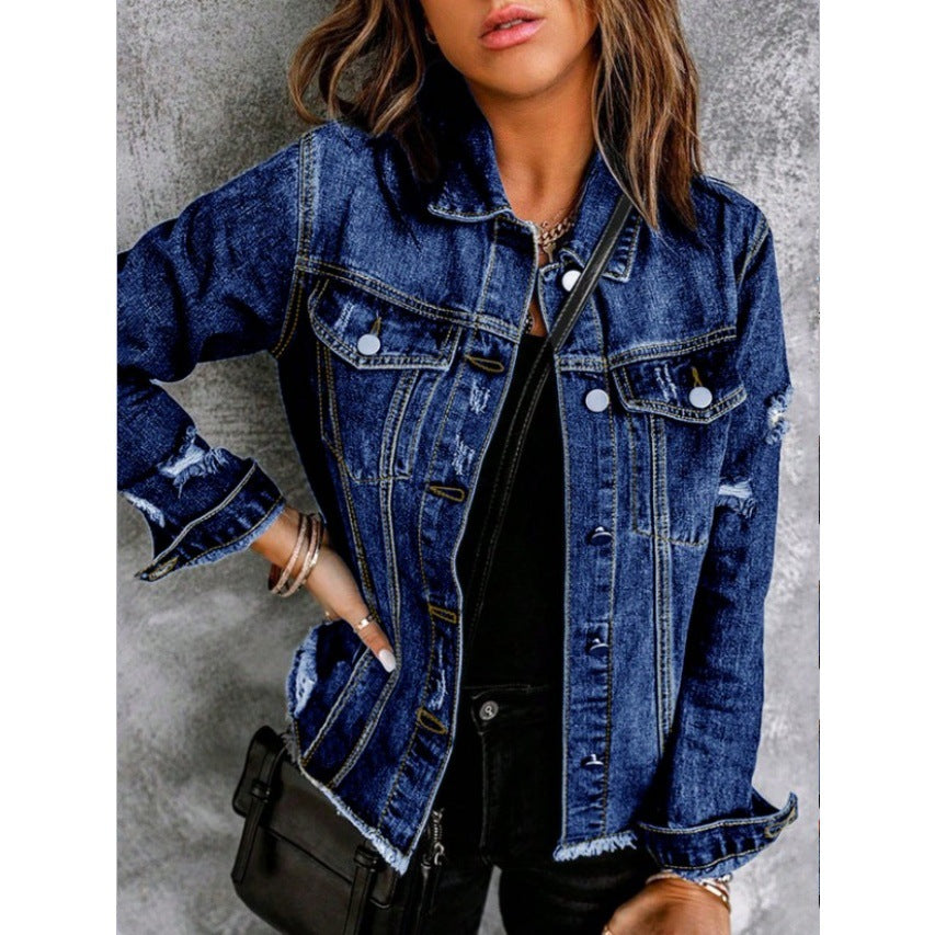 Women Tailored Denim Jacket with Destroyed Accents, Patch Pockets, and Visible Quilted Stitching Mune Fashion
