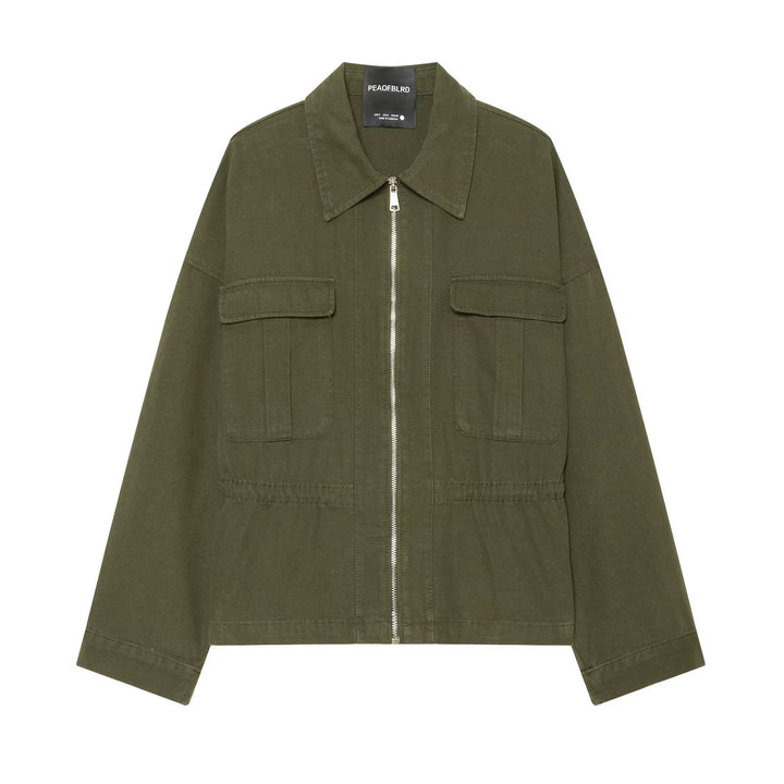 Women's Short Utility Blouson with Front Zip, Flap Pockets and Waist Gathered Drune