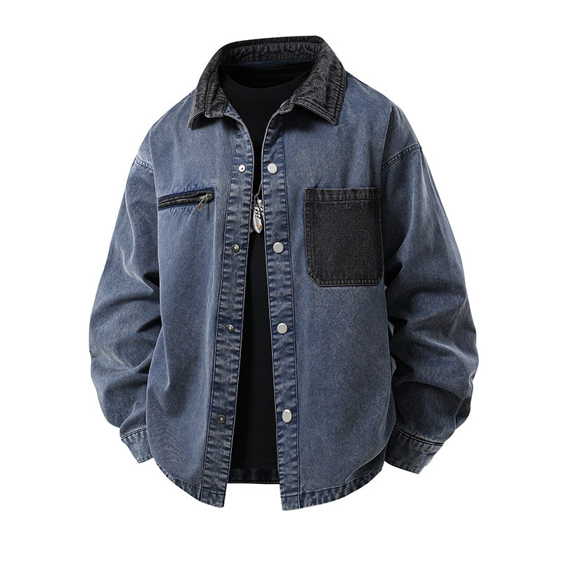 Men's Oversized Denim Shirt Jacket with Snap Front, Chest Pockets & Zip Detail Mune Fashion