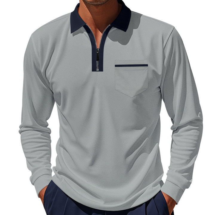 Men's elegant long-sleeve polo shirt with hidden half-zip, structured piqué look, and subtle chest pocket Mune Fashion