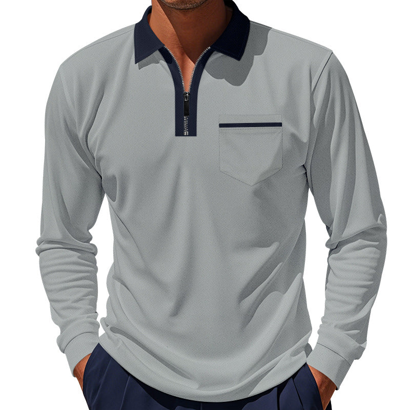 Men's long-sleeved zip polo shirt with chest pocket and contrast collar Mune Fashion
