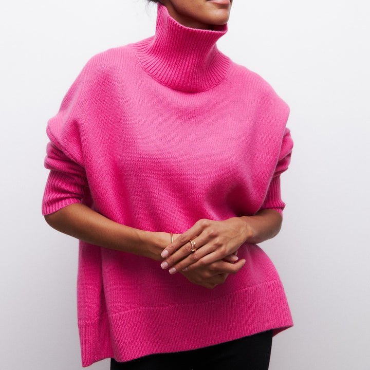 Women Cozy Oversized Turtleneck Sweater with Concealed Side Slits and Extra Long Ribbed Hem Mune Fashion