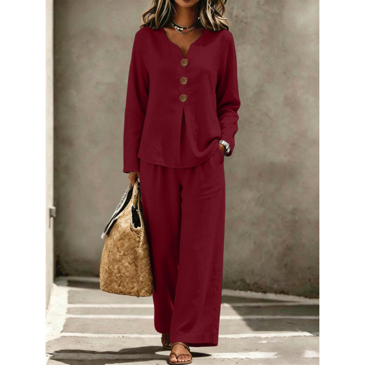 Women's Two-Piece Linen Look Lounge Set with V-Neck, Button Blouse and Wide Palazzo Pants Mune Fashion