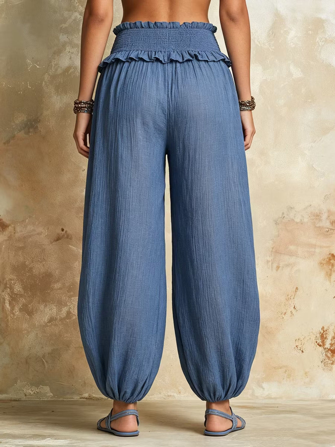 Women Wide Harem Pants with Gathered Smock Waistband and Elastic Ankle Closures Mune Fashion