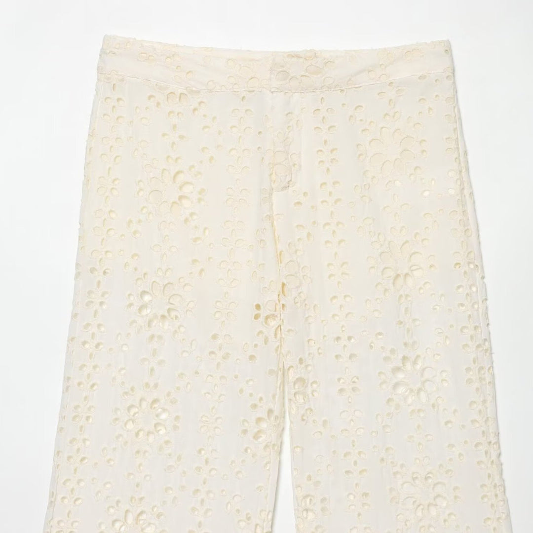 Women's Wide Broderie-Anglaise Flared Trousers with High Waist and Flared Leg Mune Fashion