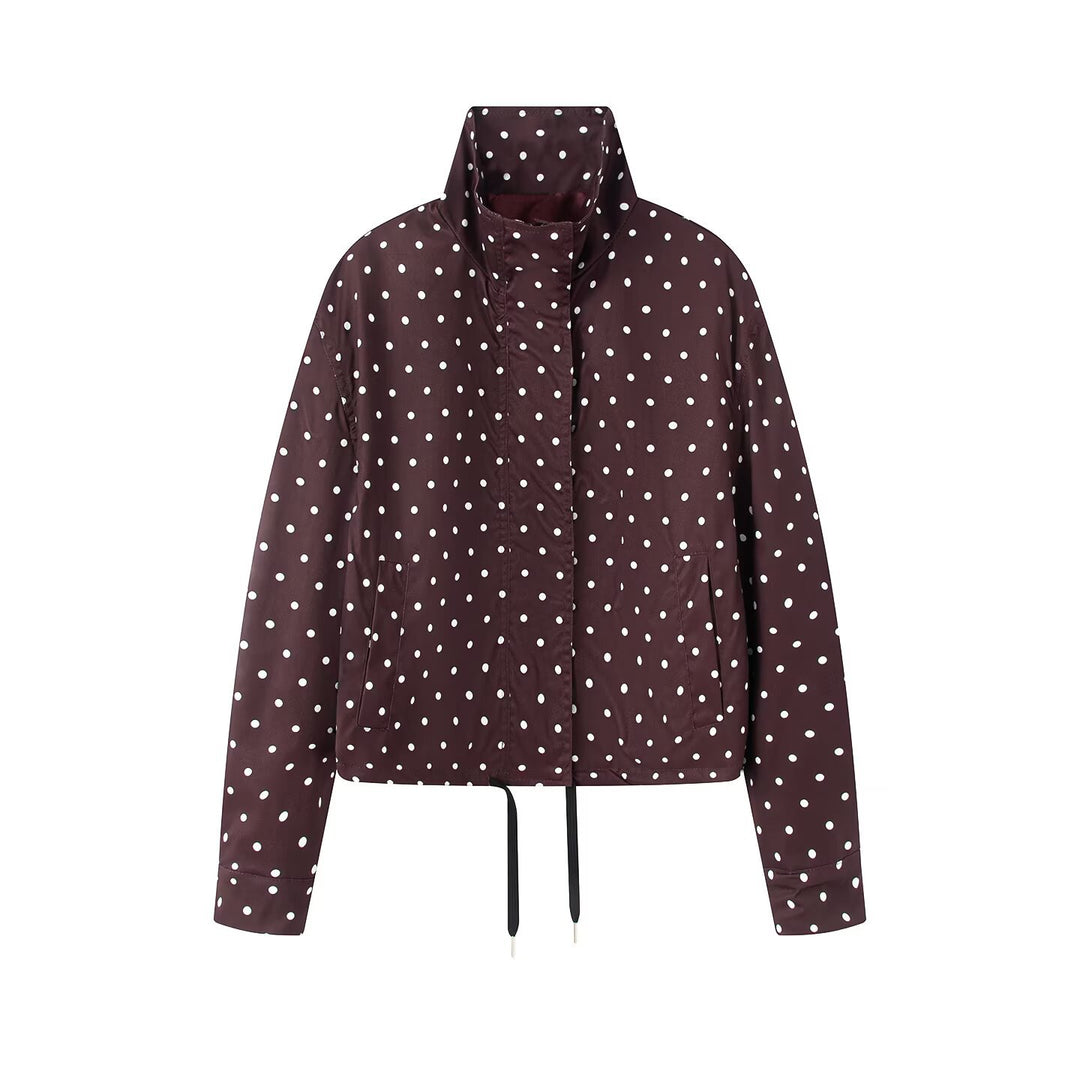 Women's Short Dotted Rain Jacket with Stand-Up Collar and Drawstring Mune Fashion