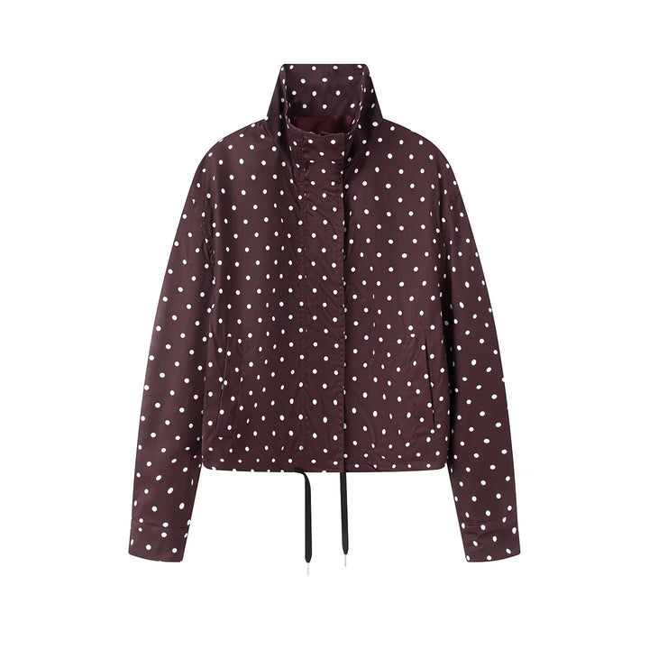 Women's Short Dotted Rain Jacket with Stand-Up Collar and Drawstring Mune Fashion