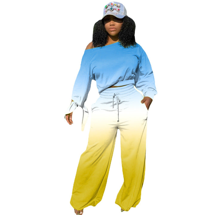 Women Two-Piece Lounge Set with Off-Shoulder Crop Sweatshirt, Tie Sleeves and High-Waist Palazzo Pants Mune Fashion