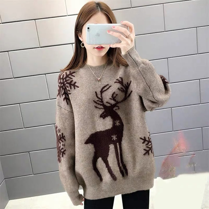 Women's Patterned Knit Sweater with Reindeer Jacquard, Round Neckline and Ribbed Hem Mune Fashion