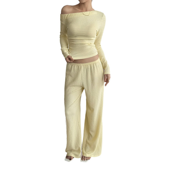 Women nan legeres Crinkle-Lounge-Set with Off-Shoulder Crop-Top and wide High-Waist Palazzo pants Mune Fashion