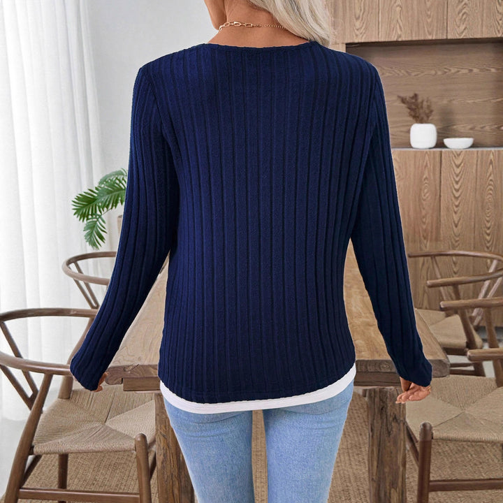 Women's Ribbed Long Sleeve Henley Shirt with Button Placket and Layered Look Mune Fashion