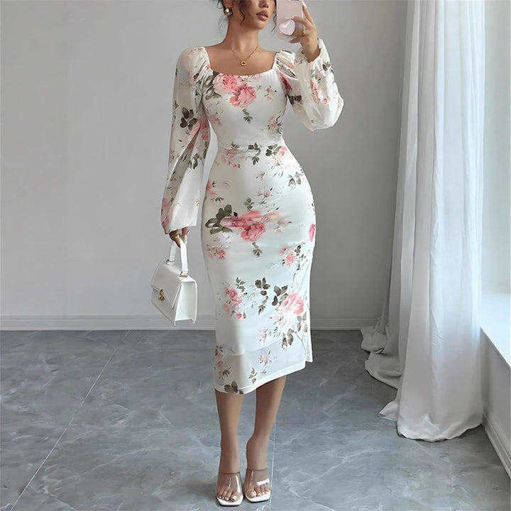 Women's tailored midi dress with square neckline, balloon sleeves, and floral stretch jersey Mune Fashion
