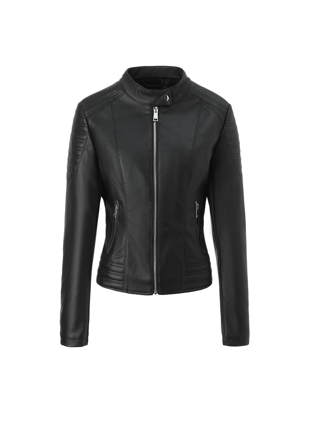 Women's Tailored Faux Leather Biker Jacket with Stand Collar and Quilted Details Mune Fashion