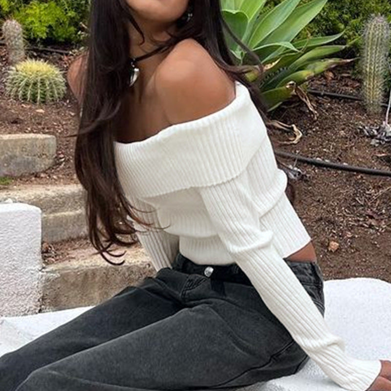 Women's Off-Shoulder Ribbed Cropped Top with Tailored Fit and Long Sleeves Mune Fashion