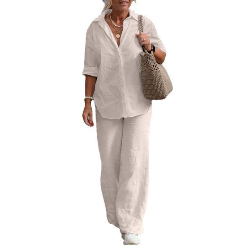 Women's Lightweight Linen Loungewear Set with Open Shirt Collar and Wide Palazzo Pants Mune Fashion