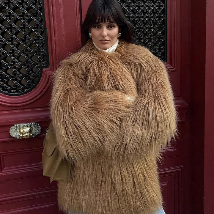 Women's Oversized Shaggy Faux Fur Coat with Long Pile Texture and Concealed Button Placket Mune Fashion