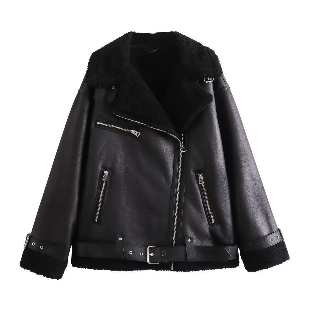 Ladies aviator jacket in biker style with teddy lining, faux leather trim and waist belt Mune Fashion