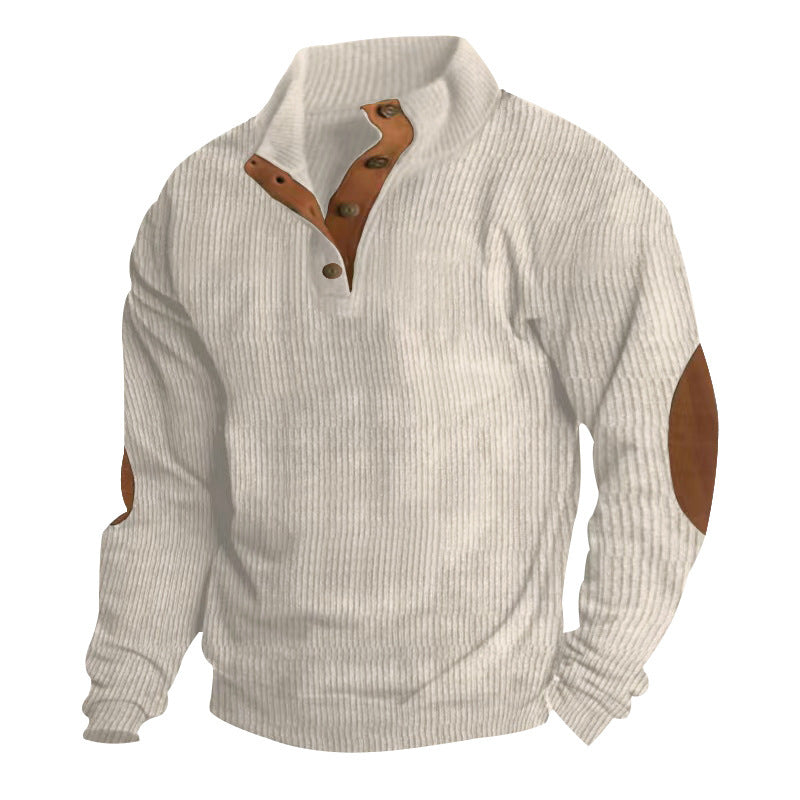 Men's Ribbed Henley Sweater with Stand Collar, Button Placket & Leather Elbow Patches Mune Fashion