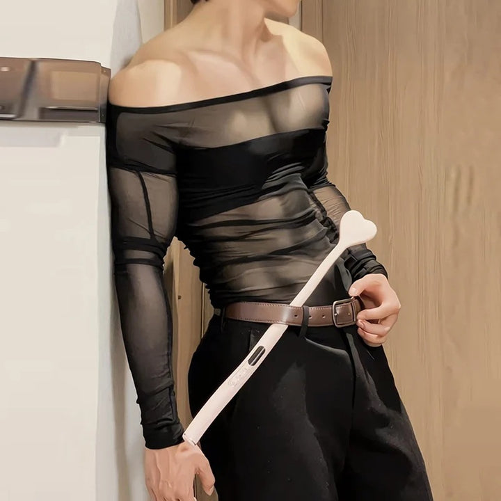 Ladies' sheer mesh long sleeve top with opaque chest band and wide round neckline Mune Fashion
