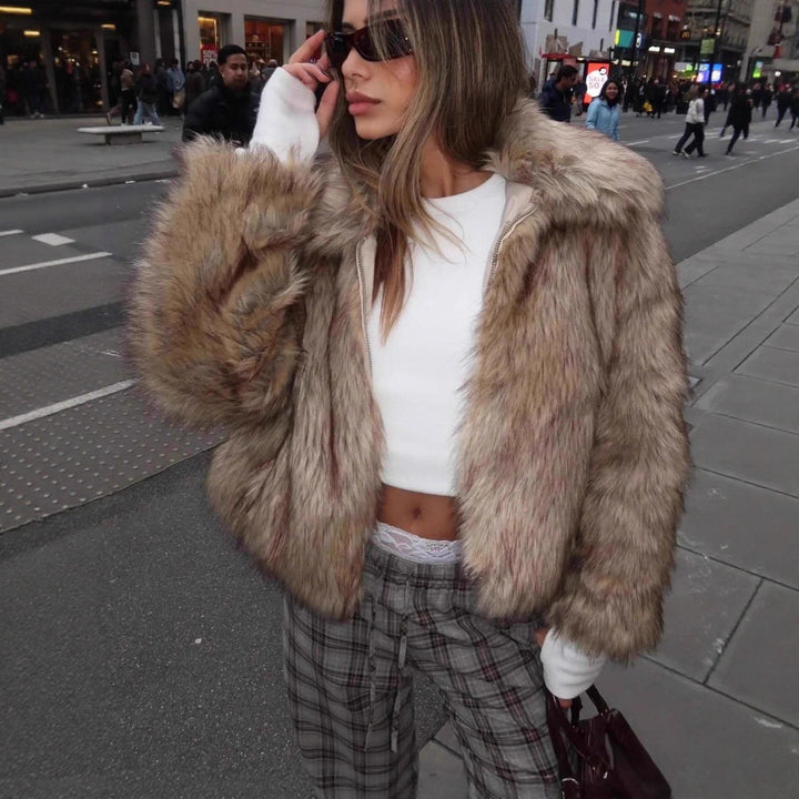 Women's Short Cropped Faux Fur Jacket with Voluminous Stand Collar and Hidden Zipper Mune Fashion