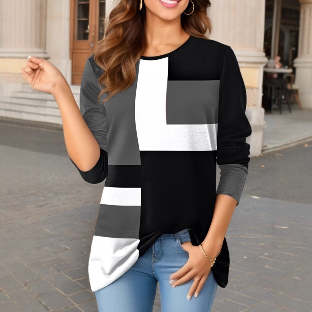 Women's geometric color block long sleeve tunic top with round neck and asymmetrical hem Mune Fashion