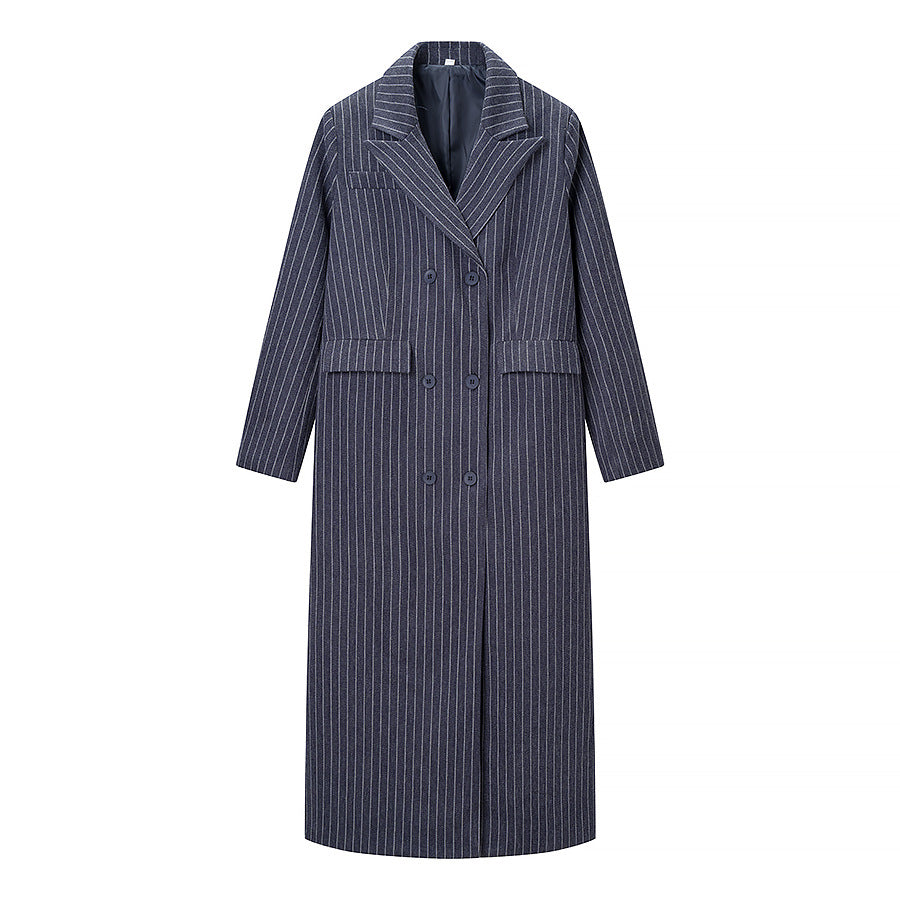 Women's Maximum Oversized Coat in Pinstripe Look with Double-Breasted Button Placket and Long Silhouette Mune Fashion