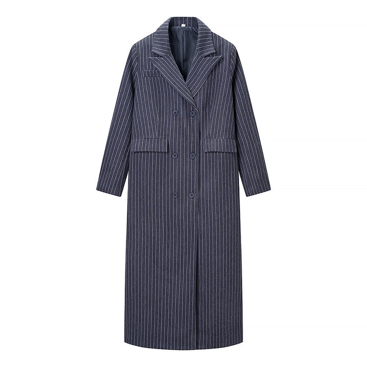 Women's Maximum Oversized Coat in Pinstripe Look with Double-Breasted Button Placket and Long Silhouette Mune Fashion