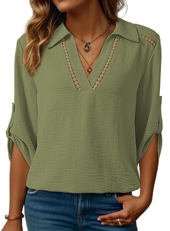 Women's blouse with V-neck, crocheted lace yoke and roll-up three-quarter sleeves Mune Fashion
