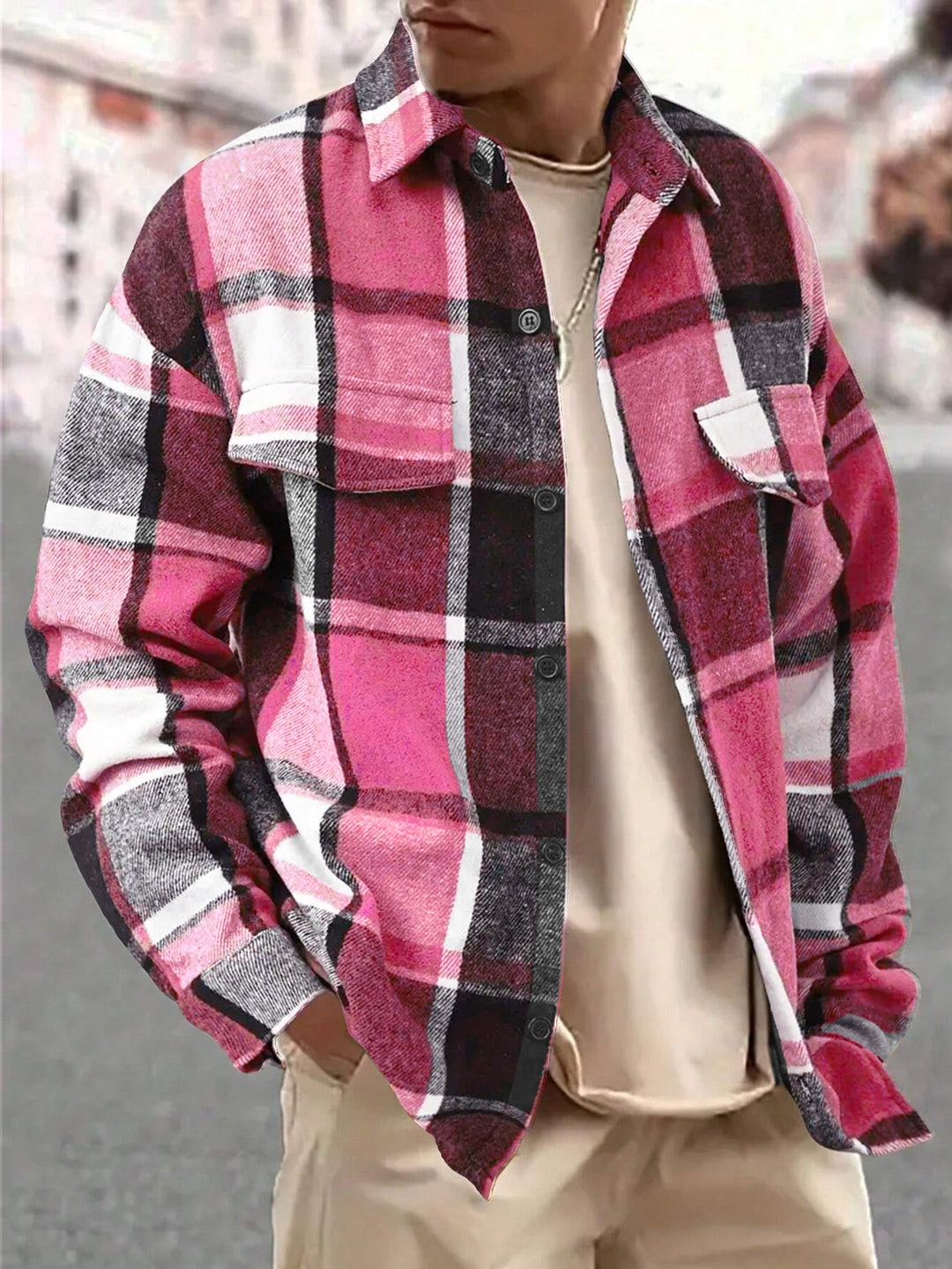 Men's oversized check shirt jacket made of soft flannel with patch chest pockets Mune Fashion