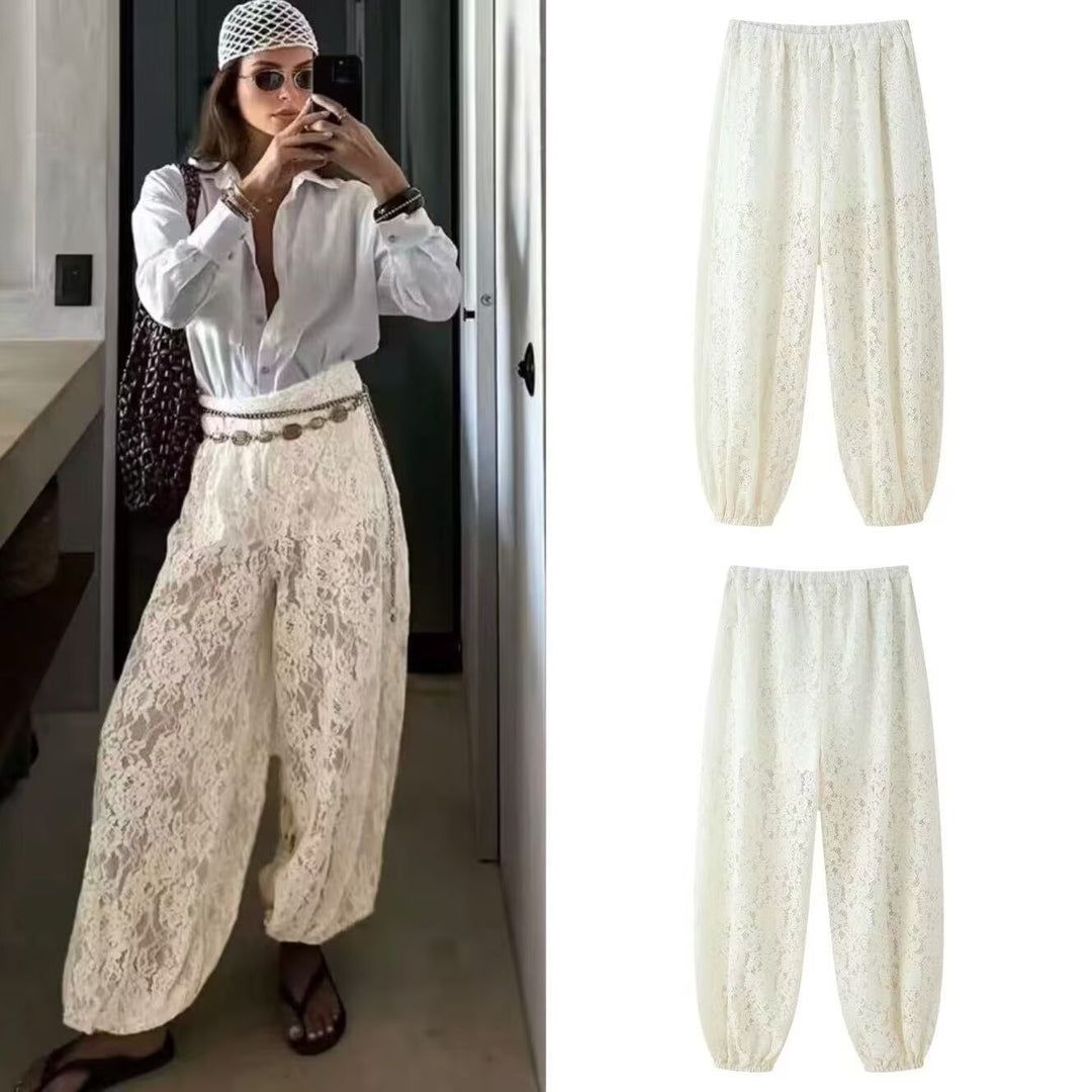 Women Wide Lace Pants with Elastic Waistband and Balloon Shaped Legs Mune Fashion