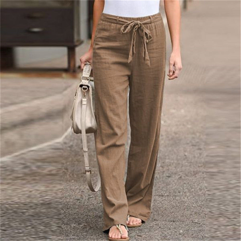 Women's loose linen pants with drawstring waistband, straight leg and side pockets Mune Fashion