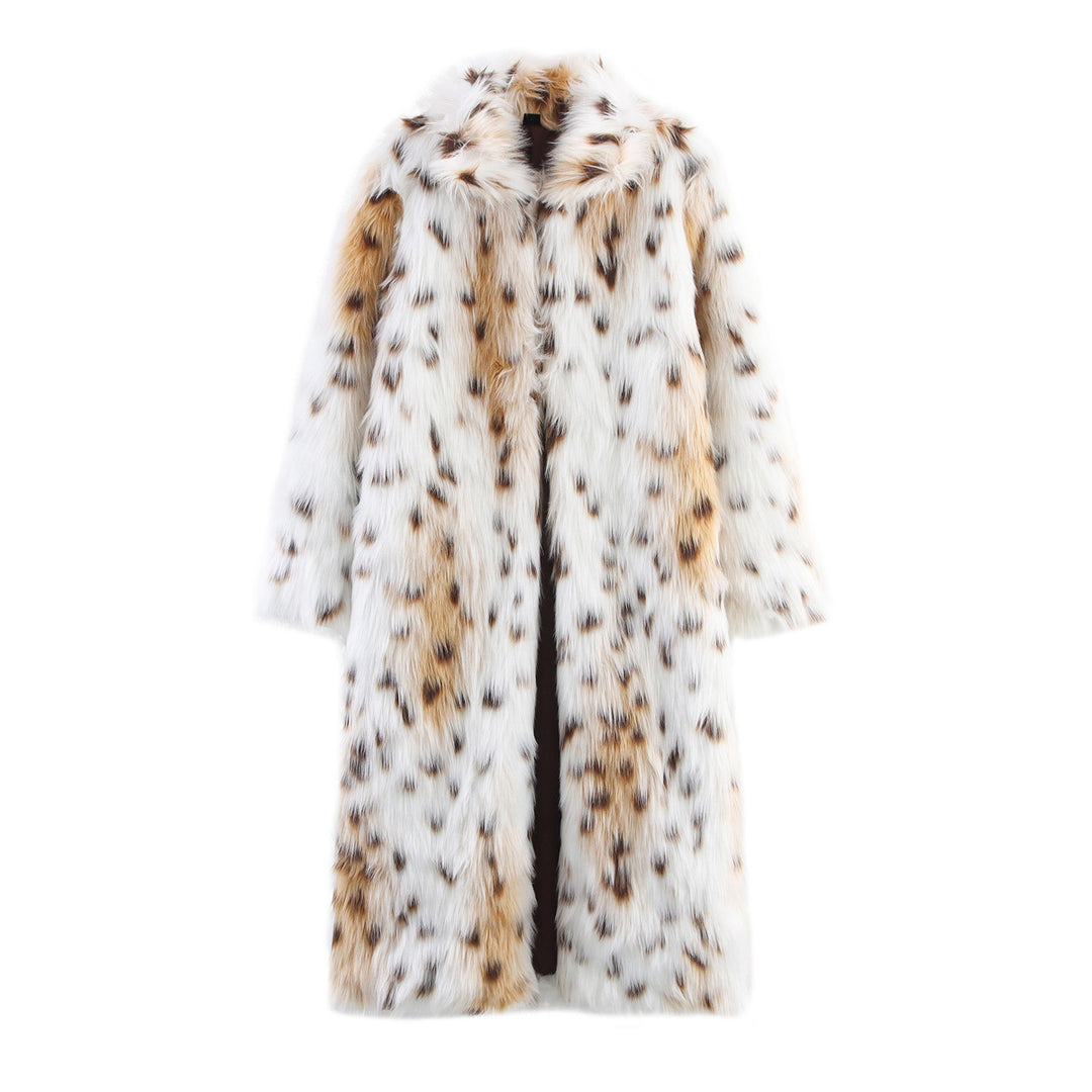 Women's Long Oversized Faux Fur Coat with Spotted Wildcat Print and Stand Collar Mune Fashion