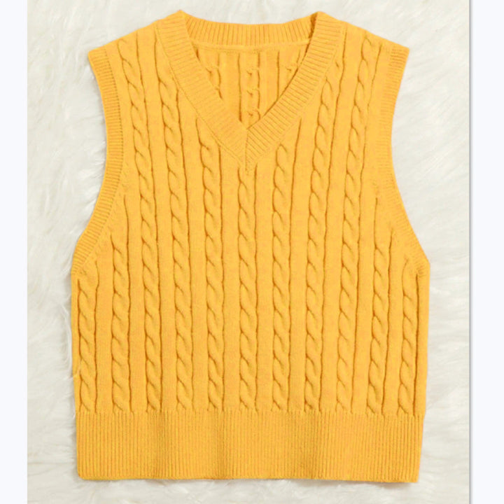 Ladies' Knit Vest with V-Neck and Cable Pattern Mune