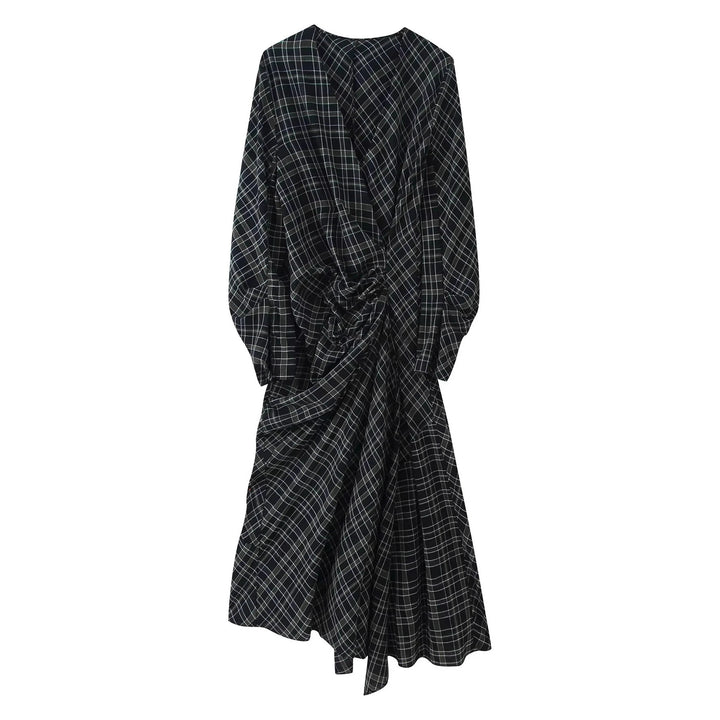 Ladies' asymmetrical midi dress with knot draping and balloon sleeves Mune Fashion