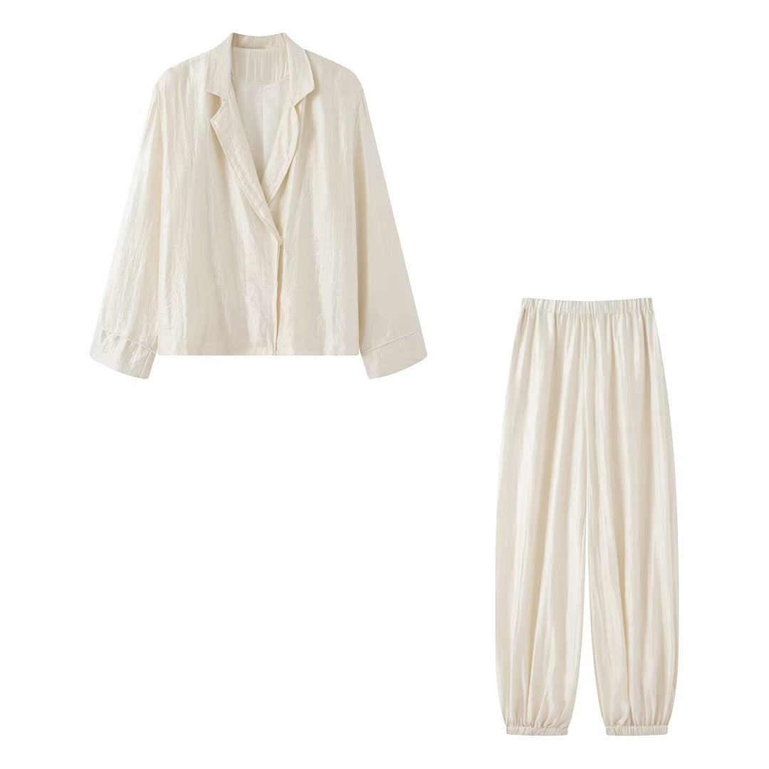 Women Lightweight Pajama Set with Shawl Collar Jacket and Elastic Waist Pants Mune Fashion