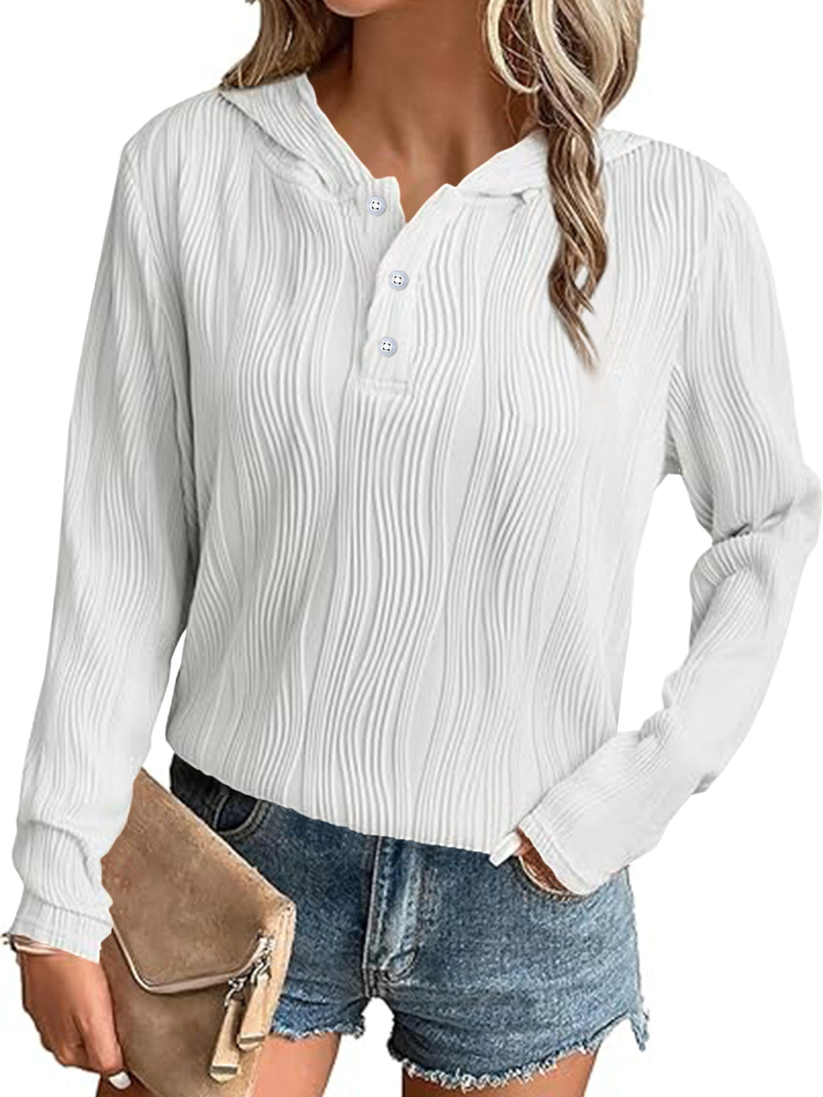 Women's Ribbed Hooded Henley Shirt with Button Placket and Light Texture Mune Fashion