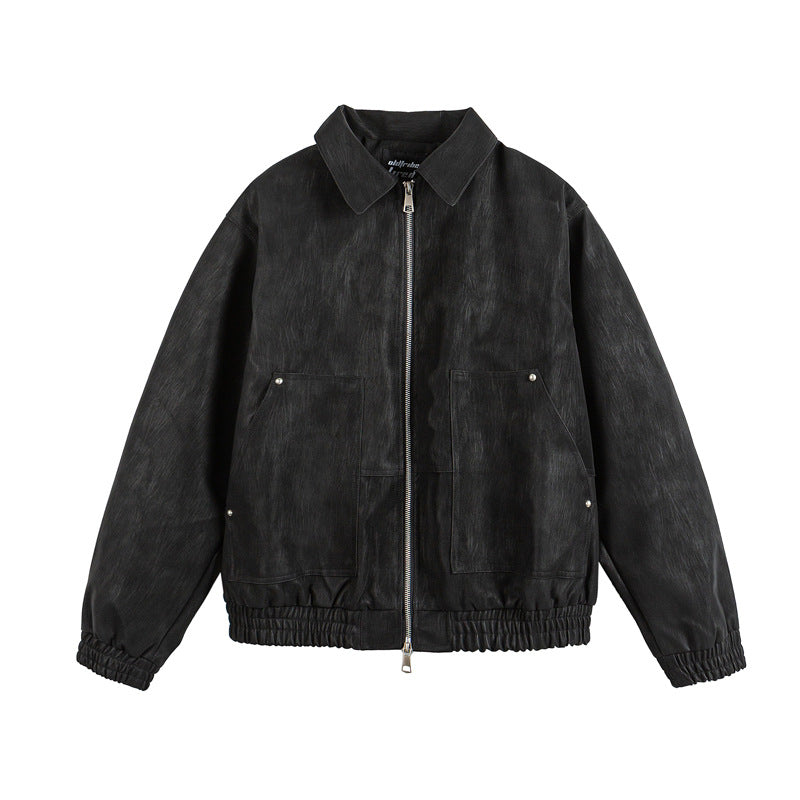 Men's leather-like blouson with shirt collar, two-way zipper, and elastic hem Mune Fashion