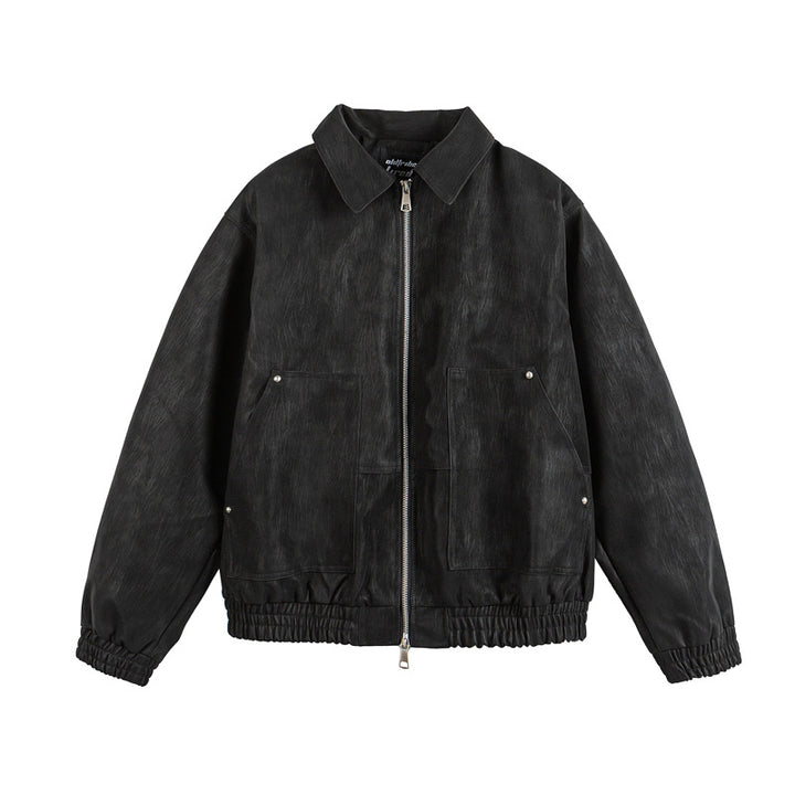 Men's leather-like blouson with shirt collar, two-way zipper, and elastic hem Mune Fashion
