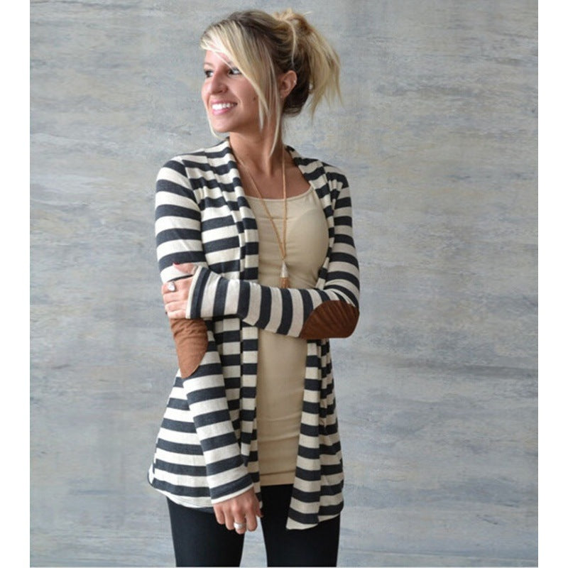 Women's Striped Long Cardigan with Open Waterfall Cut and Elbow Patches Mune Fashion