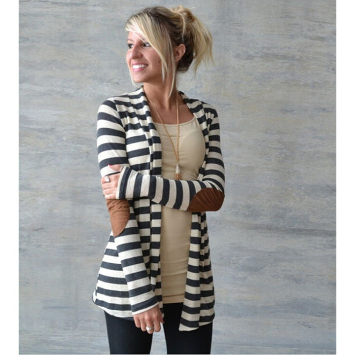 Women's Striped Long Cardigan with Open Waterfall Cut and Elbow Patches Mune Fashion